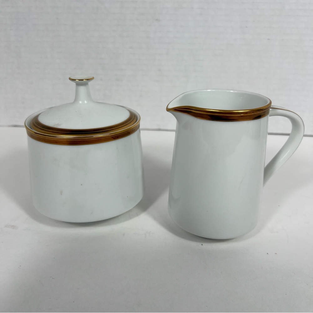 Noritake Royale Cafe Sugar Bowl with Lid & Creamer Set White Porcelain Gold Trim
